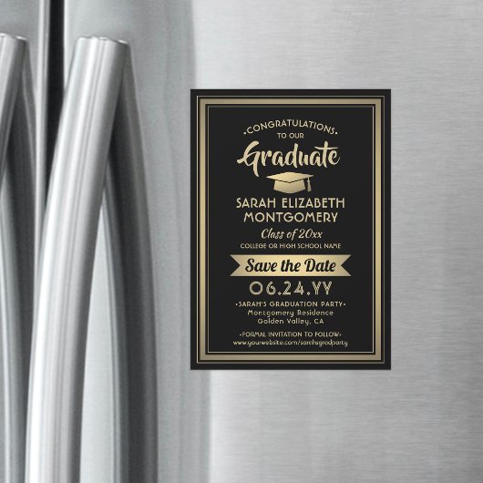 Invitation Magnétique Graduation Enregistrer la date Elégant Noir et Or