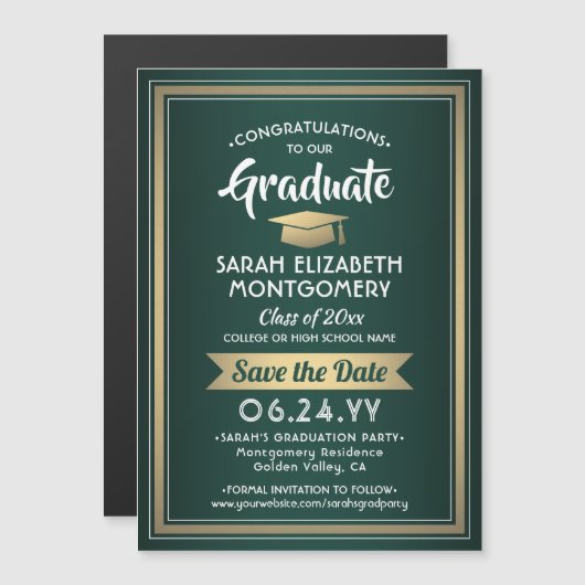 Invitation Magnétique Graduation Enregistrer la date Elégant Vert Blanc  (Devant / Derrière)