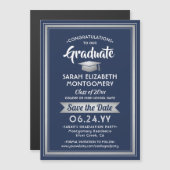 Invitation Magnétique Graduation Enregistrer la date Marine bleu et blan (Devant / Derrière)