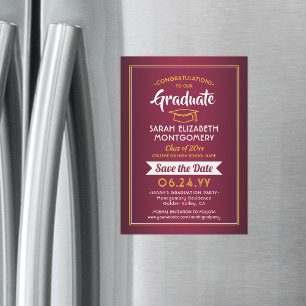 Invitation Magnétique Graduation Enregistrer la date Maroon rouge & or j