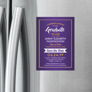 Invitation Magnétique Graduation Enregistrer la date Purple and Gold Yel