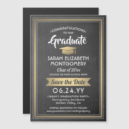 Invitation Magnétique Graduation Enregistrer la date Tableau noir et or (Devant / Derrière)