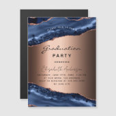 Invitation Magnétique Graduation fête bleue agate rose or luxe (Devant / Derrière)
