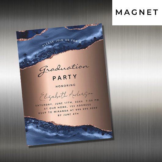 Invitation Magnétique Graduation fête bleue agate rose or luxe