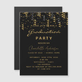 Invitation Magnétique Graduation fête noir serpentins or luxe (Devant / Derrière)