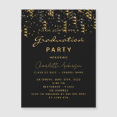 Invitation Magnétique Graduation fête noir serpentins or luxe (Devant)
