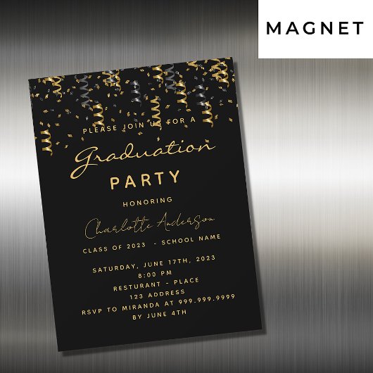 Invitation Magnétique Graduation fête noir serpentins or luxe