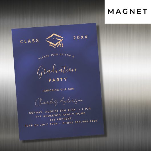 Invitation Magnétique Graduation marine bleu or simple luxe 2023