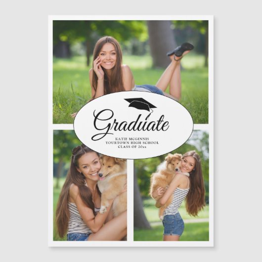 Invitation Magnétique Graduation moderne blanche 3 Photo Collage Classe (Devant)