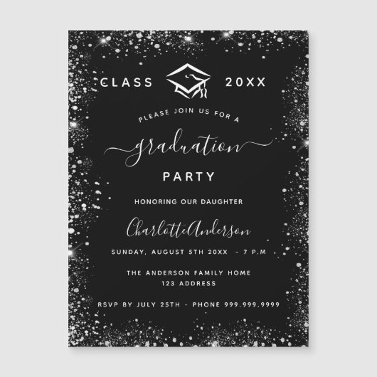 Invitation Magnétique Graduation noir argent parties scintillant luxe (Devant)