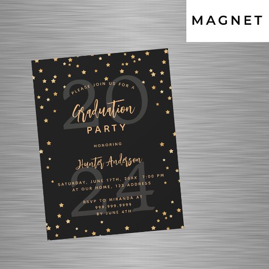Invitation Magnétique Graduation party or noir année étoiles luxe
