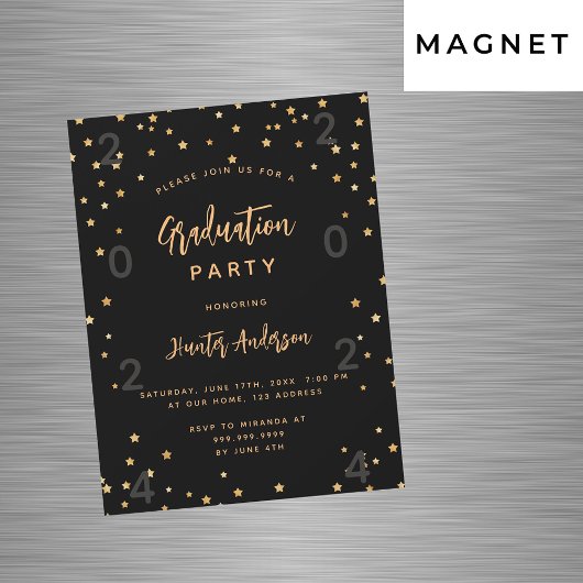 Invitation Magnétique Graduation party or noir étoiles année luxe