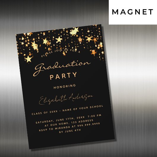 Invitation Magnétique Graduation party or noir étoiles luxe