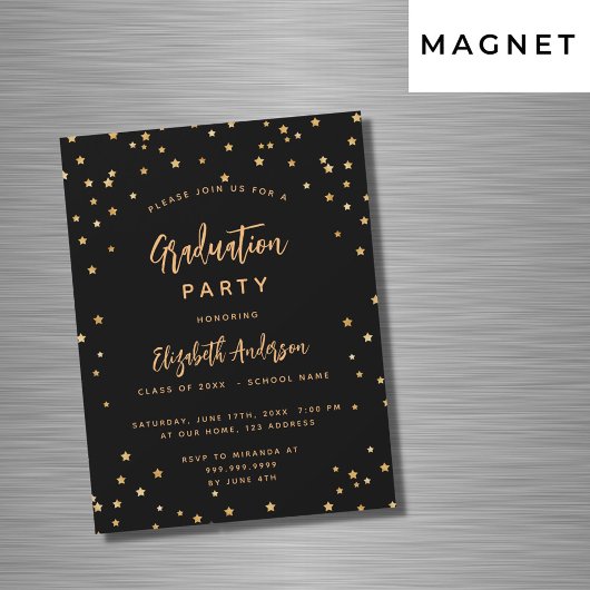 Invitation Magnétique Graduation party or noir étoiles luxe