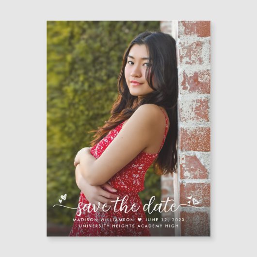 Invitation Magnétique Graduation Photo Enregistrer Date Script Coeurs Mo (Devant)