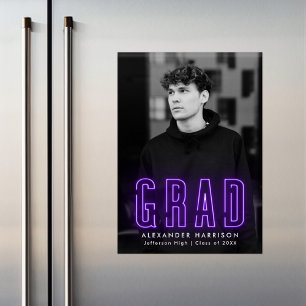 Invitation Magnétique Graduation photo verticale moderne en néon violet