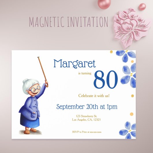 Invitation Magnétique Grand-mère Florale Bleue avec Canne 80e anniversai