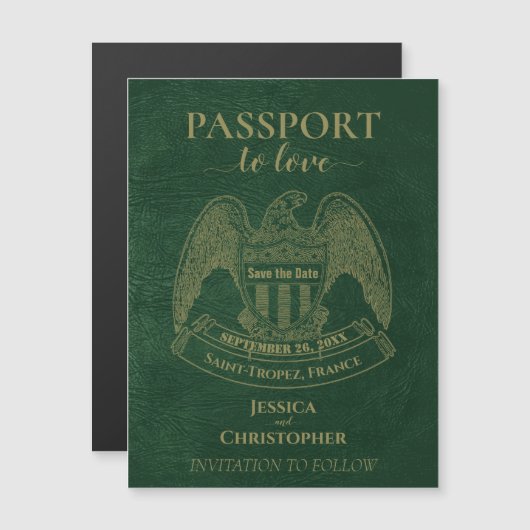 Invitation Magnétique Green Passport Destination Wedding Enregistrer la  (Devant / Derrière)