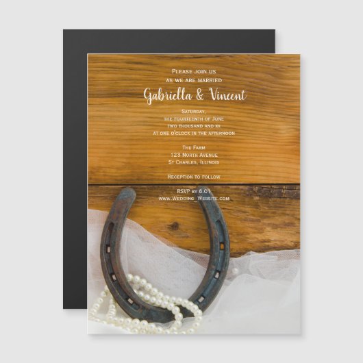 Invitation Magnétique Horseshoe, perles et Mariage campagnard en bois de (Devant / Derrière)