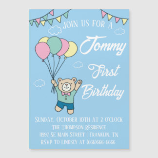 Invitation Magnétique Joli Ours Brown Hot Air Balloon Boy Anniversaire