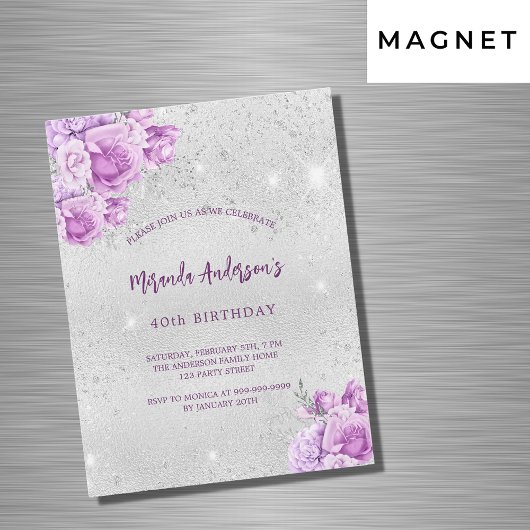 Invitation Magnétique Jour d'anniversaire de luxe de fleurs violet rose 