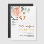 Invitation Magnétique Jour d'anniversaire rose or fleuri vert luxe (Devant / Derrière)