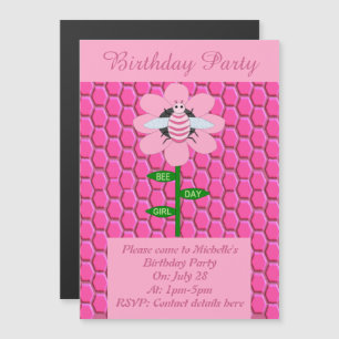 Invitation Magnétique Joyeuse fête des abeilles Fille rose Anniversaire