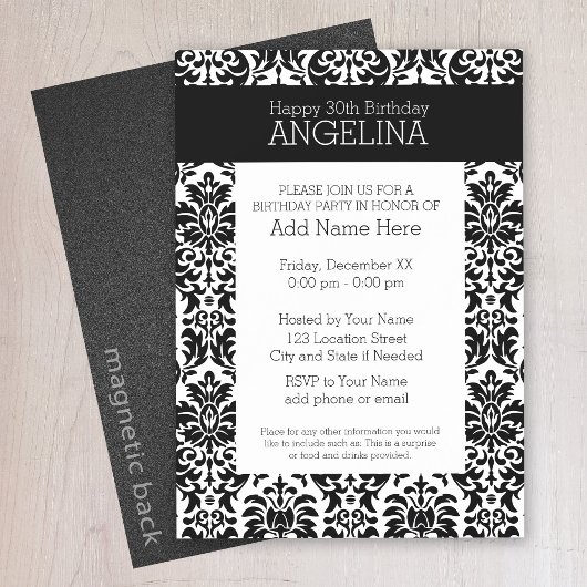 Invitation Magnétique Joyeux anniversaire avec un damas noir et blanc te