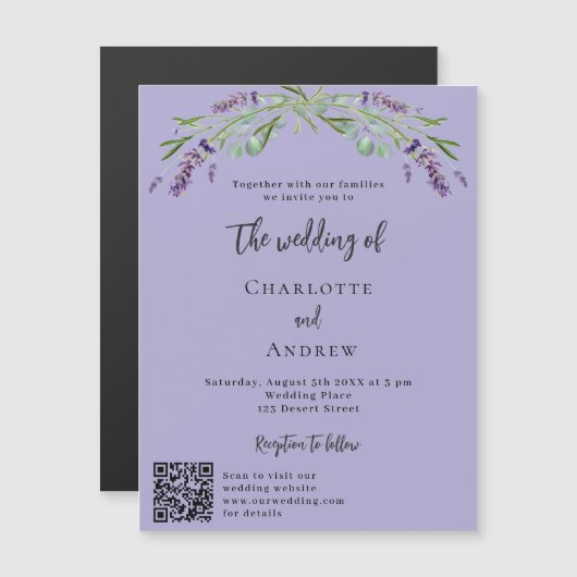Invitation Magnétique Lavande violet verdure QR détails mariage de luxe (Devant / Derrière)