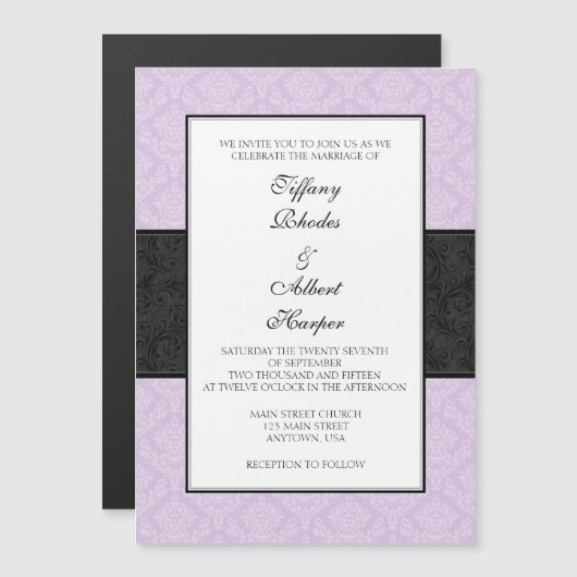 Invitation Magnétique Lavender Black Damask Mariage magnétique Invite (Devant / Derrière)