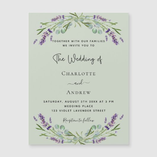 Invitation Magnétique Lavender eucalyptus sauge vert luxe mariage (Devant)