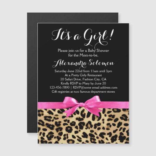 Invitation Magnétique Leopard Hot rose Bow C'est un Baby shower Safari f (Devant / Derrière)