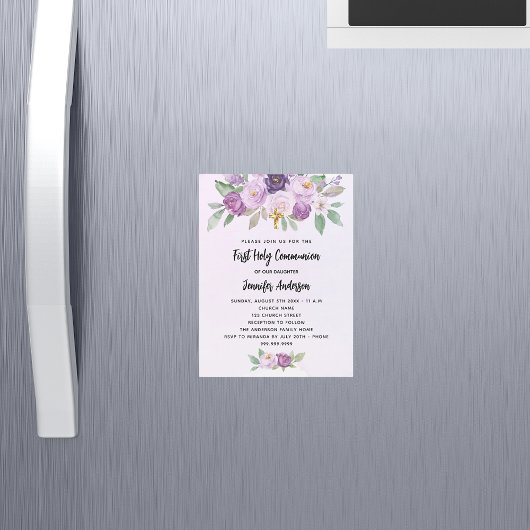 Invitation Magnétique Les fleurs violettes de la première communion trav