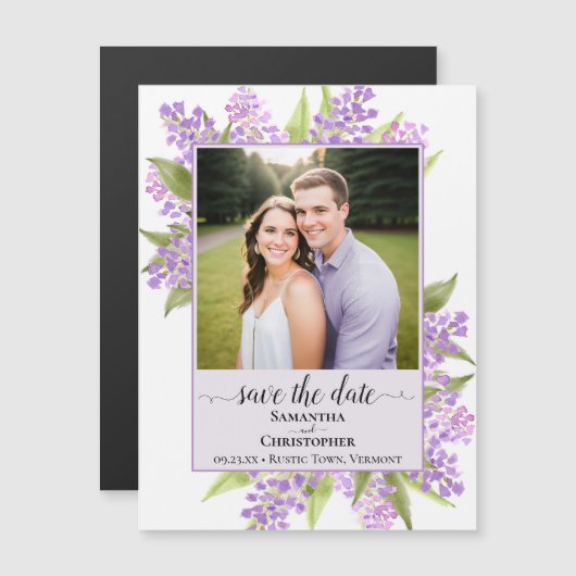 Invitation Magnétique Lilacs & Photo Lavender Wedding Enregistrer la dat (Devant / Derrière)