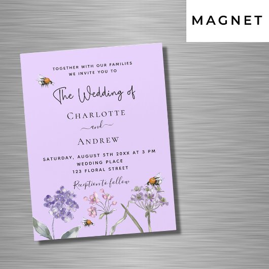 Invitation Magnétique Luxe d'abeille mariage fleur sauvage violet rose