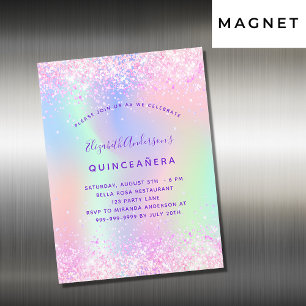 Invitation Magnétique Luxe holographique rose quinceanera