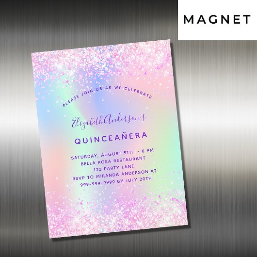 Invitation Magnétique Luxe holographique rose quinceanera