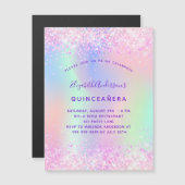 Invitation Magnétique Luxe holographique rose quinceanera (Devant / Derrière)