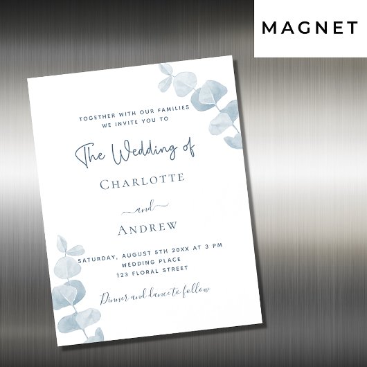 Invitation Magnétique Luxe mariage blanc bleu poussiéreux