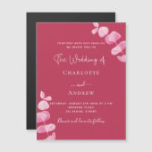 Invitation Magnétique Magenta blanc eucalyptus luxe mariage (Devant / Derrière)