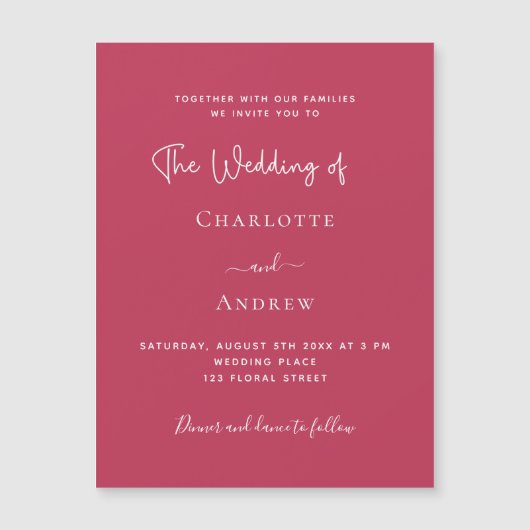 Invitation Magnétique Magenta élégant script mariage de luxe (Devant)