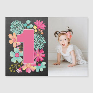 Invitation Magnétique [MAGNET] Baby Girls 1st Birthday Photo Keepsaké