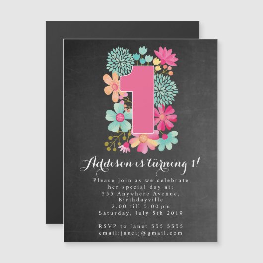 Invitation Magnétique |MAGNET| Chalkboard Girls 1st Birthday Party (Devant / Derrière)