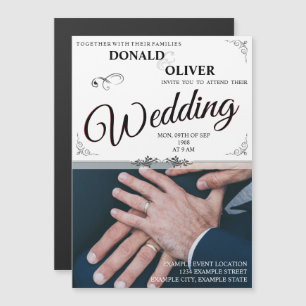 Invitation Magnétique Mains d'un couple gay de mariage avec des anneaux