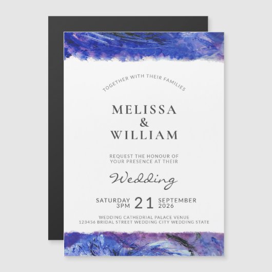 Invitation Magnétique Mariage Art Moderne Bleu (Devant / Derrière)