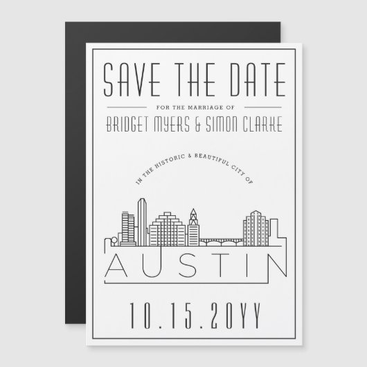 Invitation Magnétique Mariage Austin | Skyline stylisée Enregistrer la d (Devant / Derrière)