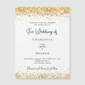 Invitation Magnétique Mariage blanc or parties scintillant script élégan (Devant)