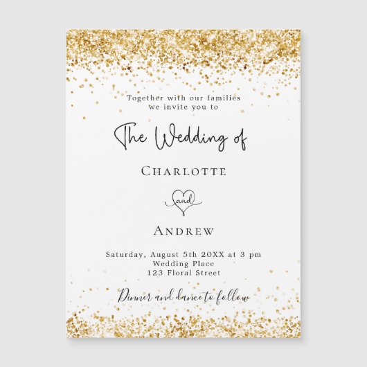 Invitation Magnétique Mariage blanc or parties scintillant script élégan (Devant)