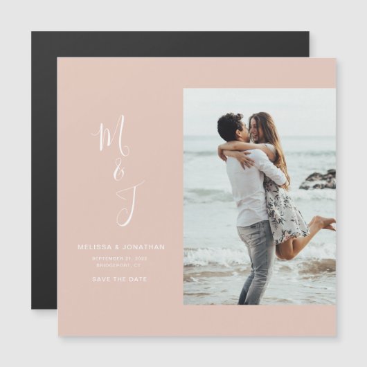 Invitation Magnétique Mariage botanique Blush Rose Moderne Enregistrer L (Devant / Derrière)