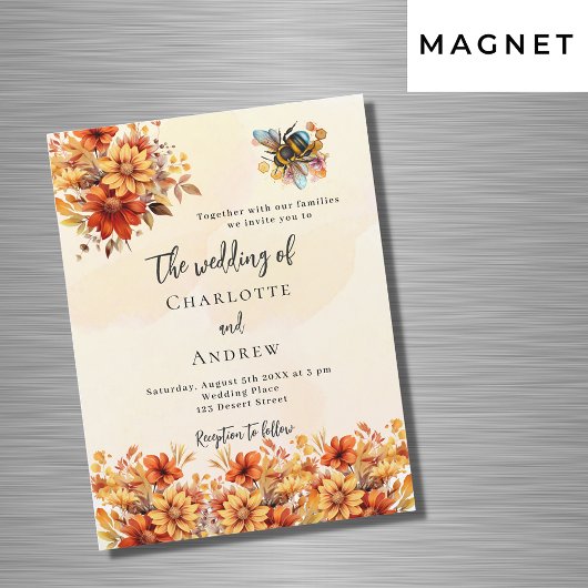 Invitation Magnétique Mariage brûlé orange fleurs d'automne abeille luxe